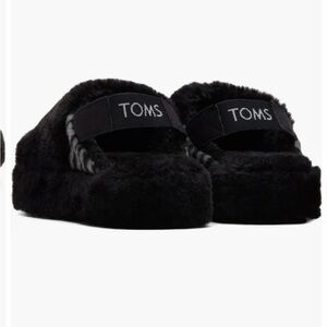 Toms Black Faux Fur Sofia Elastic Strap Open Toe Slipper